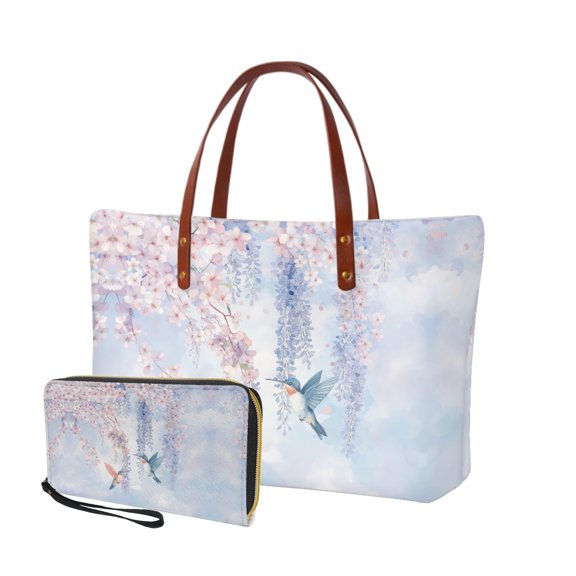 ZUXONGSY Hummingbird Cherry Blossom Print Wallet and Handbags Set of 2 for Women Large Top Handles Work Bag Shoulder Bag Satchel Handbags with Purses Lightweight Work Bag for Outings