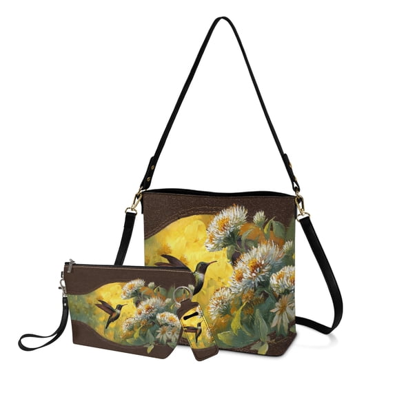 ZUXONGSY Hummingbird Daisy Flower Print Bucket Bag for Women with Makeup Bag, 3-in-1 Purse Organizer Set Includes Lip Balm Keychain Holder, PU Leather Crossbody Handbag Gift