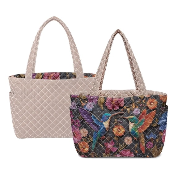 ZUXONGSY Hummingbird Daisy Print Reversible Women's Quilted Shoulder Tote, Large Capacity Handbag with Side Pockets, Lightweight Top Handle Satchel for Shopping, Travel, Camel