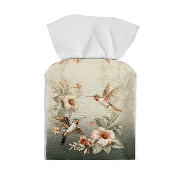 ZUXONGSY Hummingbird Floral Square Tissue Box Cover PU Leather Tissue Box Holder Decorative Tissue Organizer Waterproof Tissue Cover Bathroom Accessories Decoration