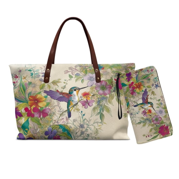 ZUXONGSY Hummingbird Flower Print 2 Pack Handle Handbag Purses for Women Practicality Top Handle Satchel Work Bag Slim Wallet, Satchel Handbags Top Handles Work Bag Purses for Outings Tours