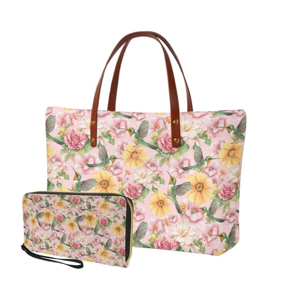 ZUXONGSY Hummingbird Hibiscus Daisy Print 2 Pack Purses and Handbags for Women Fashion Top Handle Tote Bag Satchel Handbags with PU Lightweight Credit Card Holder Wallet for Shopping, Hiking