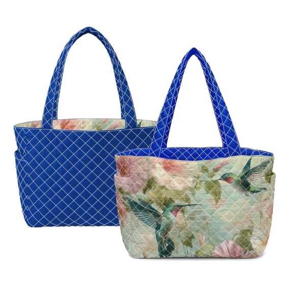 ZUXONGSY Hummingbird Hibiscus Floral Print Women 's Quilted Large Capacity Handbag, Reversible Tote with Side Pockets, Lightweight Top Handle Satchel Shoulder Bag for Travel, Work & Daily, Blue