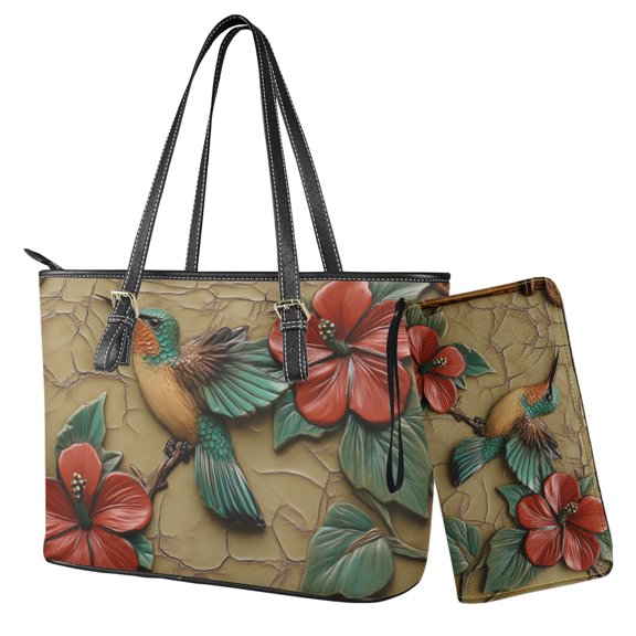 ZUXONGSY Hummingbird Hibiscus Print Womens Handbag Wallet Set Leather Satchel Purse Handbag with Wristlet Wallet Top Handle Handbag for Ladies