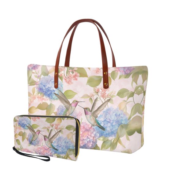 ZUXONGSY Hummingbird Hydrangea Print Handbag with Matching Wallet for Women Practicality Work Bag Satchel Handbags Top Handle Satchel Waterproof Card Holder for Business Tours
