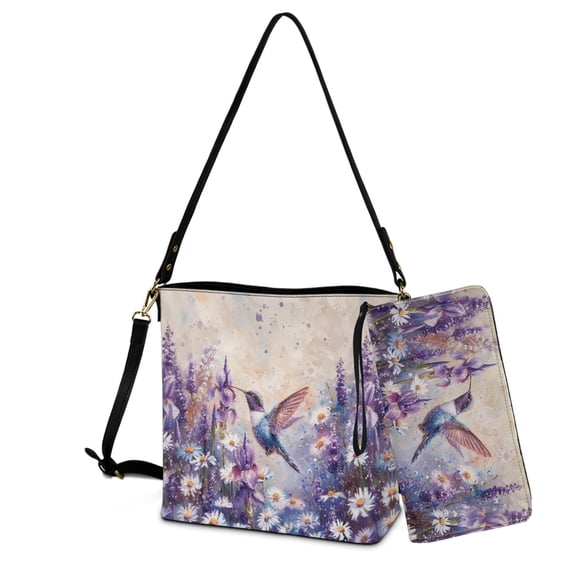ZUXONGSY Hummingbird Lavender Print Shoulder Bag with Leather Wallet for Women Lightweight Leather Crossbody Handbag with Wrist Wallet Large Bucket Crossbody Bag Set for Working