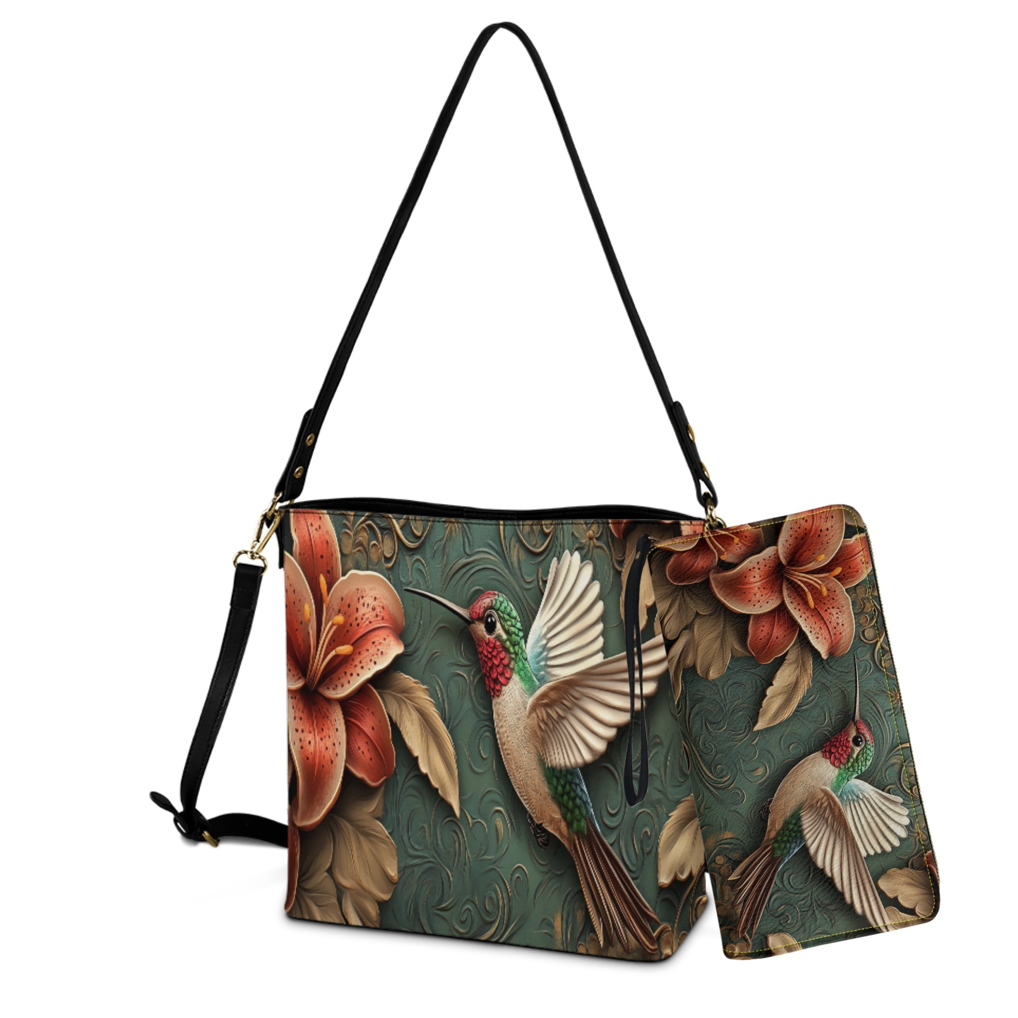 ZUXONGSY Hummingbird Lily Flower Print Bucket Crossbody Bag Set for Women Lady Lightweight Crossbody Hobo Bag with Wallet Set Large 2 Pcs Bucket Purse Set for Shopping