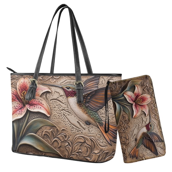 ZUXONGSY Hummingbird Lily Flower Print Handbag and Wallet Set Womens Purse and Wallet Set Lightweight Hobo Satchels Top Handle Tote Bag with Matching Clutch Purse