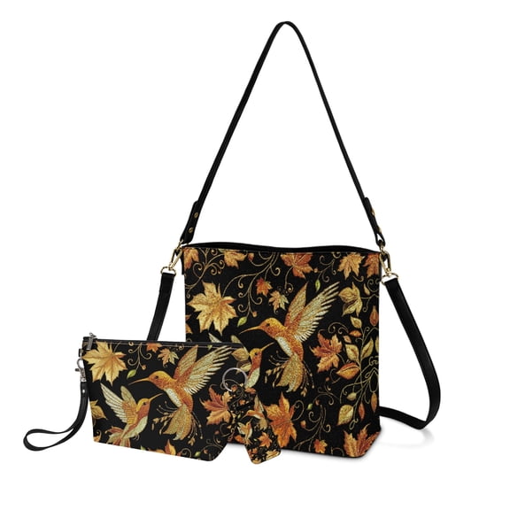 ZUXONGSY Hummingbird Maple Leaf Print Stylish Bucket Hobo Bag for Women with 3pcs Cosmetic Kits and Lip Balm Leash, Features a Hanging Toiletry Case for Travel