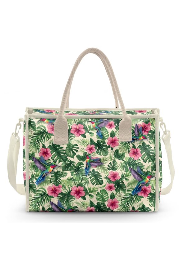 Hummingbird Monstera Hibiscus Print Transparent PVC Shoulder Tote, Large Waterproof Lightweight Handbag with Removable Strap, Spacious Carryall for Beach Travel and Daily Use