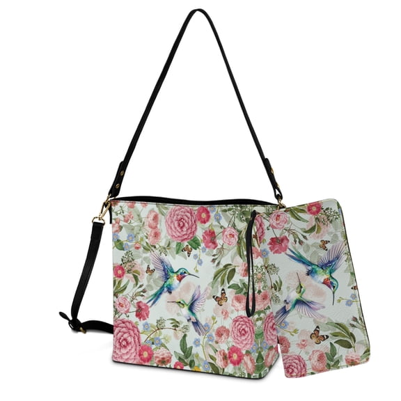 ZUXONGSY Hummingbird Peony Flower Print Bucket Handbag Wallet Set for Women Lady, Large Hobo Bag Satchel Purse Tote Bag Top Handle Purse with Leather Wallet for Travel Shopping