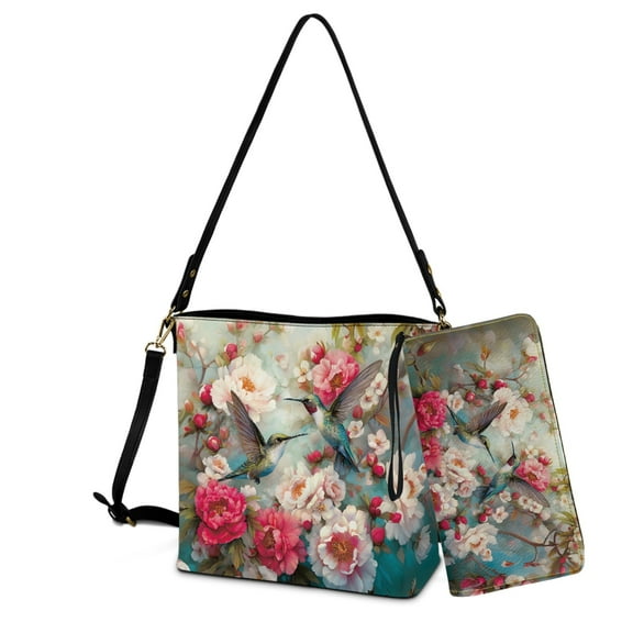 ZUXONGSY Hummingbird Peony Flower Print Crossbody Hobo Bag with Wallet Set for Women Trendy Leather Crossbody Handbag with Wrist Wallet Waterproof Bucket Purse and Wallet Set for Business