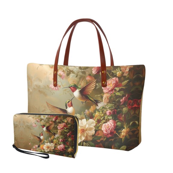 ZUXONGSY Hummingbird Peony Flower Print Handbag with Matching Wallet for Women Casual Top Handles Work Bag Tote Bag Top Handle Satchel Fashion Cash Wallet for Shopping Business