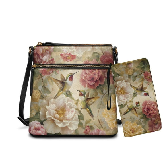 ZUXONGSY Hummingbird Peony Flower Print Women's PU Leather Crossbody Hobo Bag & Wallet Set, Adjustable Strap Satchel Purse with Multi-Pockets for Everyday Use
