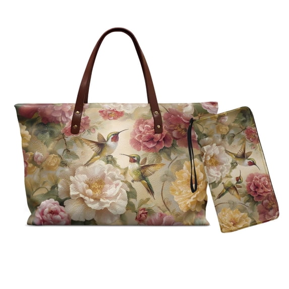 ZUXONGSY Hummingbird Peony Print Handbag with Matching Wallet for Women Lightweight Top Handle Satchel Large Top Handles Work Bag Tote Bag Purses for Hiking Shopping Travel Vacation