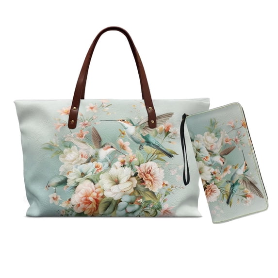 ZUXONGSY Hummingbird Peony Print Handbag Set with Wristlet Wallet Lightweight Top Handle Tote Bag Pu Leather Shoulder Bag with Matching Wallet for Travel Shopping, 2 Pcs