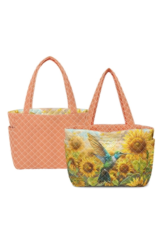 Hummingbird Sunflower Print Tote Bag Fashion Reversible Quilted Clutch Bag Elegant Ladies Purse for Evening Party Vacation Formal Event, Orange