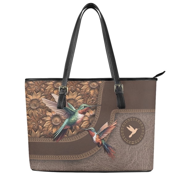 ZUXONGSY Hummingbird Sunflower Print Tote Bag for Women PU Leather Work Bag Lightweight Top Handle Satchel with Zippered for Workout Dating