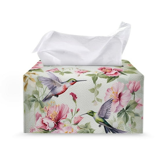 ZUXONGSY Hummingbird Tissue Box Cover Flower PU Leather Tissue Cube Box Cover with Buckle Texture Leather Tissue Box Cover Waterproof Tissue Cover for Car Home Bathroom