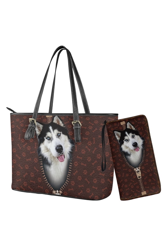 Husky Dog Zipper Print Women's Satchel Purse Set Lightweight Top Handle Handbag with Wristlet Wallet PU Leather for Shopping Work