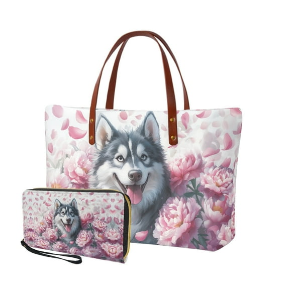 ZUXONGSY Husky Peony Flower Print 2 Pack Purse and Wallet Set for Women Fashion Handbags Top Handle Satchel with Matching Wallet Large Satchel Handbags for Shopping Work