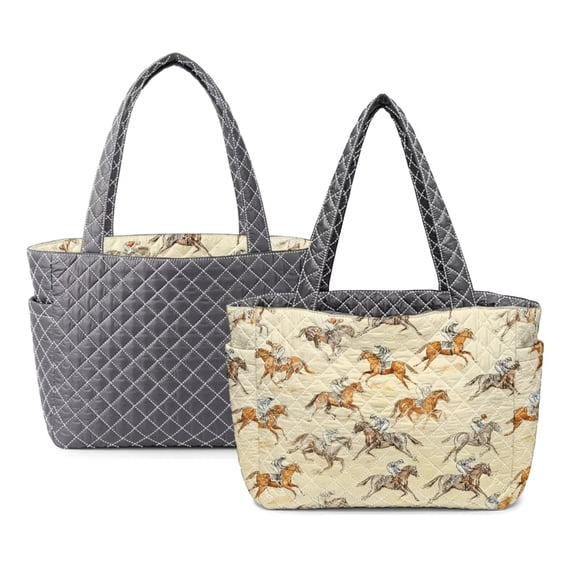 ZUXONGSY Kentucky Horse Racing Print Quilted Reversible Tote Satchel for Women, Large Capacity Handbag with Multi-Pocket, Lightweight Shoulder Bag Top Handle for Travel, Work & Daily Use, Gray