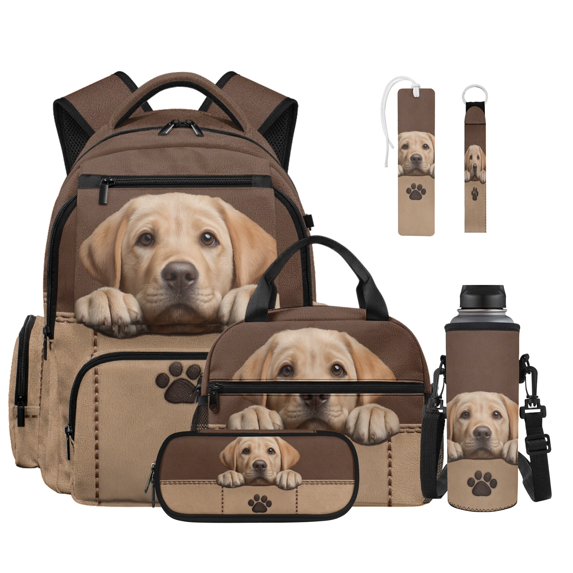 ZUXONGSY Kids Backpack Set of 6, Cute Labrador Dog Print 17 in School Bookbag with Lunch Box Pencil Case Water Bottle Sleeve Keychain & Bookmark Lightweight Student Bookbag for Grils and Boys