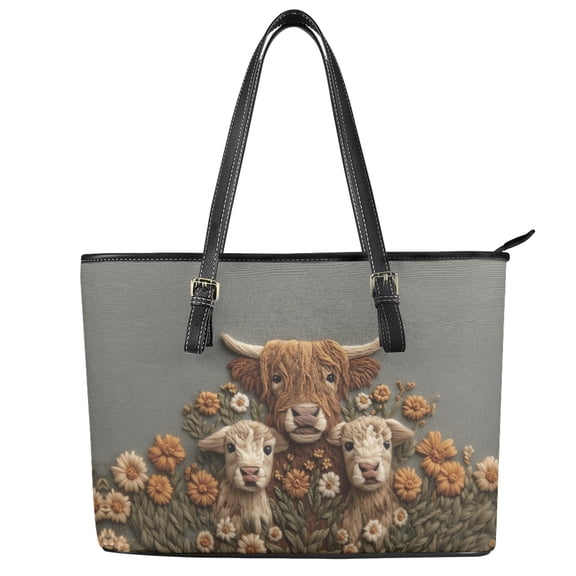 ZUXONGSY Knitted Highland Cow Daisy Flower Print Tote Bag for Women Fashion Top Handle Satchel Practicality Shoulder Bag with Zippered for Shopping Work