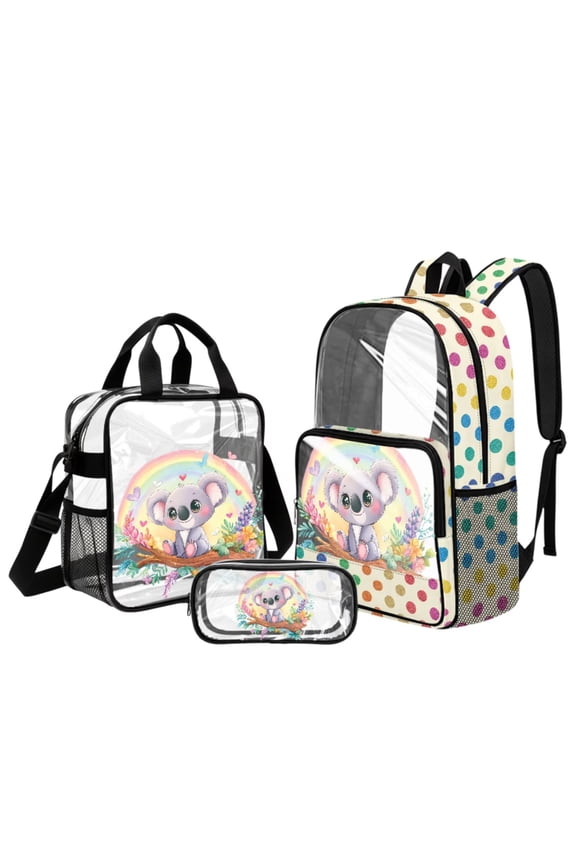 Koala Print 3 Pcs Clear Backpack Set, Heavy Duty Transparent See Through Backpack with Lunch Bag and Pencil Pouch, Clear Bookbag for School for Girls Adults