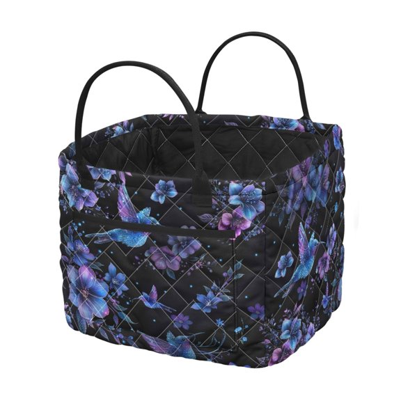 ZUXONGSY Large Capacity Quilted Laundry Basket for Toys, Purple Blue Floral Hummingbird Polyester Collapsible Storage Basket for Travel Bathroom