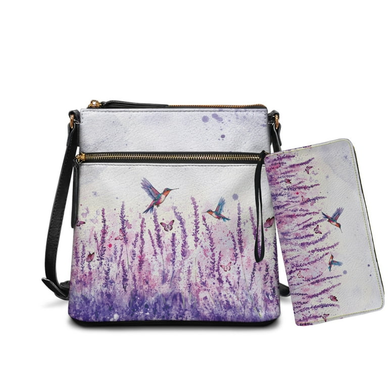 ZUXONGSY Lavender Hummingbird Butterfly Print Leather Crossbody