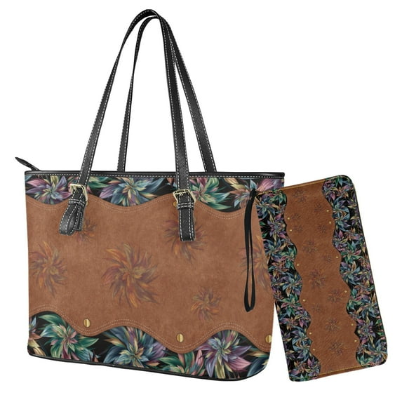 ZUXONGSY Leather Abstract Floral Print Womens Handbag Wallet Set Leather Satchel Purse Handbag with Wristlet Wallet Top Handle Satchel for Ladies