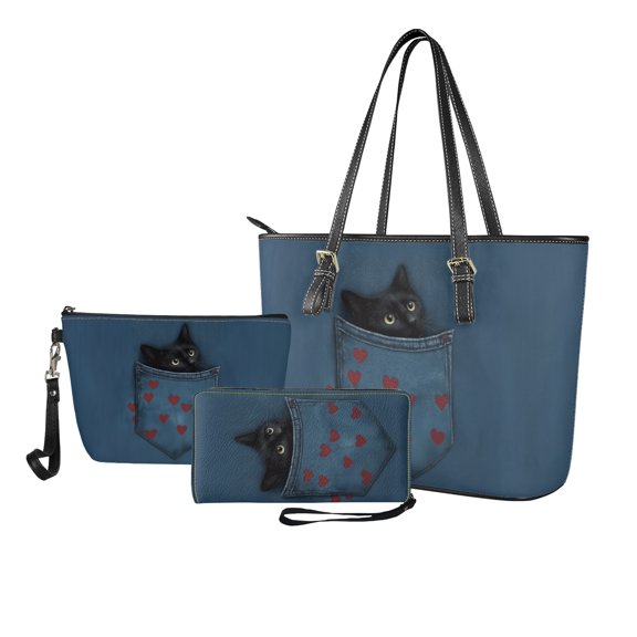 ZUXONGSY Leather Black Cat Print Tote Bag with Fashion Makeup Bag Wallet for Women PU Leather Top Handle Satchel Set with Large Capacity Travel Toiletry Bag Card Holder for Work Dating