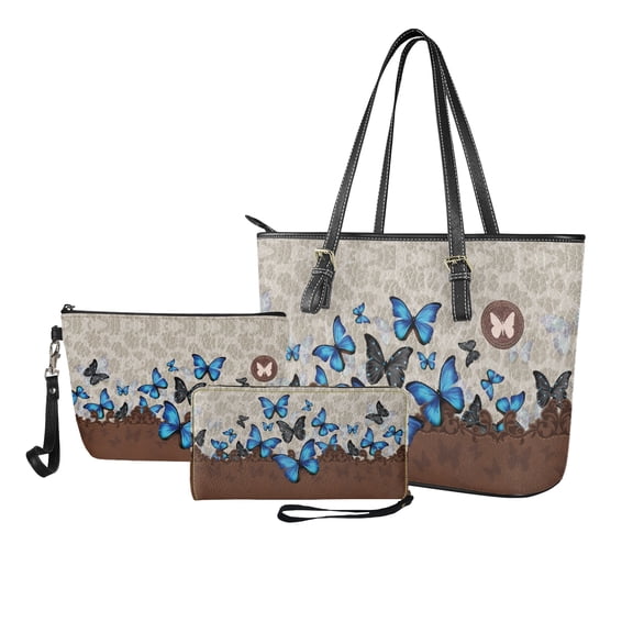 ZUXONGSY Leather Butterfly Print Top Handle Bag with Lightweight Cosmetic Bags Wallet for Women PU Leather Top Handle Satchel Set with Multifunctional Travel Toiletry Bag Card Holder for Work