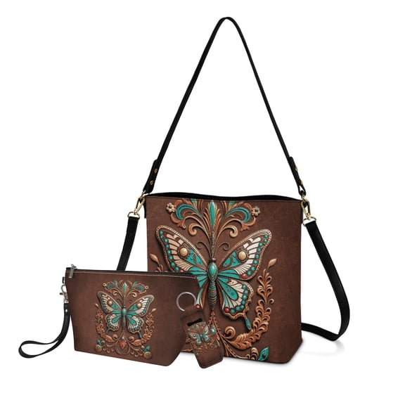 ZUXONGSY Leather Butterfly Print Top-Handle Handbags with Waterproof Makeup Pouch and Keychain Clip-on Sleeve for Women Crossbody Hobo Bag Set with Travel Toiletry Bag Lip Balm Holster