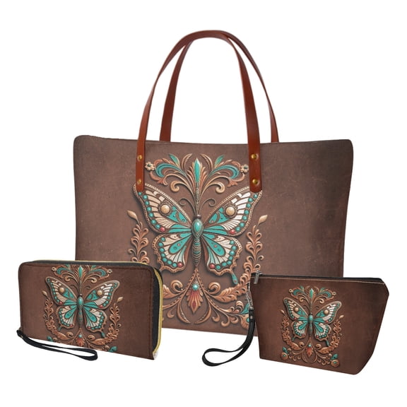 ZUXONGSY Leather Butterfly Print Tote Bag with Casual Makeup Bag Purse for Women PU Leather Top Handle Satchel Set with Practicality Travel Toiletry Bag Slim Wallet for Business Shopping
