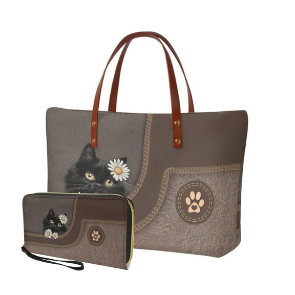 ZUXONGSY Leather Cat Daisy Flower Print Handbag with Matching Wallet for Women Practicality Work Bag Satchel Handbags Top Handle Satchel Waterproof Card Holder for Business Tours