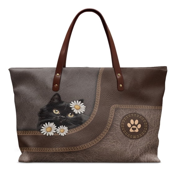 ZUXONGSY Leather Daisy Cat Print Tote Handbag for Women Portable Handle Handbag Casual Top Handle Satchel with Inner Pocket for Tours Daily Use
