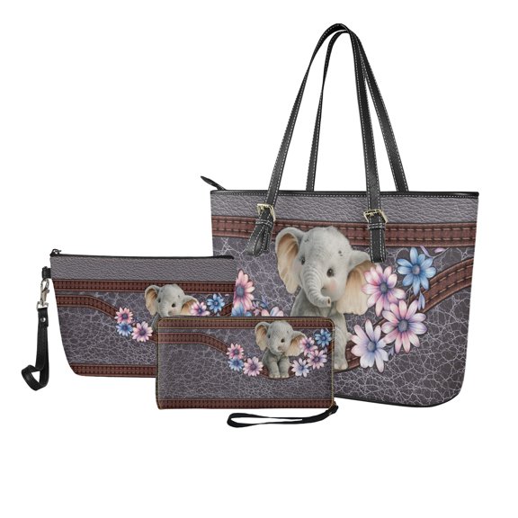 ZUXONGSY Leather Daisy Flower Elephant Print Tote Bag with Large Capacity Cosmetic Bags Purse for Women PU Leather Top Handle Satchel Set with Waterproof Makeup Pouch Credit Card Holder Wallet