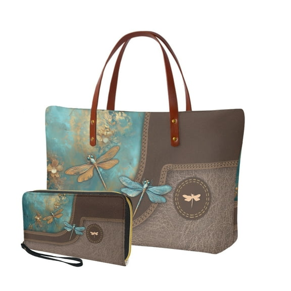 ZUXONGSY Leather Dragonfly Floral Print Tote Bag and Wallet Set of 2 for Women Large Capacity Handbags Top Handle Satchel Cash Wallet with Handle Shoulder Bag for Excursions Shopping