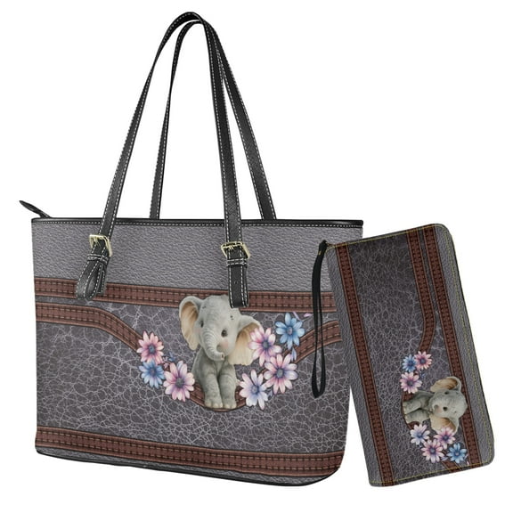 ZUXONGSY Leather Elephant Daisy Flower Print 2 PCS Handbag and Wallet Set Women Tote Bag Handbags PU Leather Hobo Shoulder Bags 2 Pcs with Coin Purses Waterproof Top Handle Handbag Set