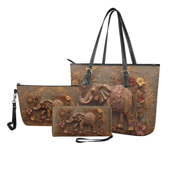 ZUXONGSY Leather Elephant Daisy Flower Print Handbag with Portable Makeup Bag Wallet for Women PU Leather Top Handle Satchel Set with Practicality Makeup Pouch Slim Wallet for Shopping Work