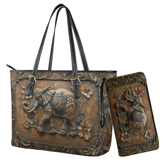 ZUXONGSY Leather Elephant Floral Print Womens Handbag Wallet Set Wallet and Purse Set Top Handle Handbag with Wristlet Wallet Set for Ladies Shopping Travel