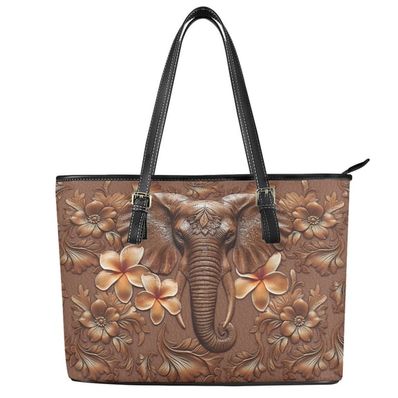ZUXONGSY Leather Elephant Plumeria Print Handbag for Women PU Leather Top Handle Tote Bag Casual Work Bag with Zippered for Travel Shopping