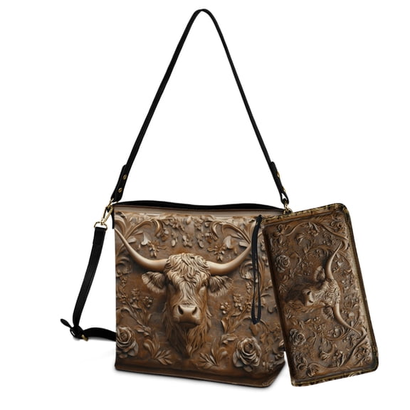 ZUXONGSY Leather Highland Cow Rose Print Casual 2 Pcs Bucket Bag Purse Set for Women, Fashion Leather Crossbody Handbag with Wrist Wallet for Shopping Working