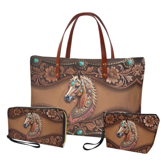 ZUXONGSY Leather Horse Daisy Flower Print Handbag with Large Capacity Makeup Bag Wallet for Women PU Leather Top Handle Satchel Set with Fashion Cosmetic Pouch Purse Money Organizers for Shopping