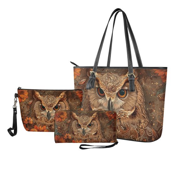 ZUXONGSY Leather Owl Print Tote Bag with Multifunctional Cosmetic Bags Wallet for Women PU Leather Top Handle Satchel Set with Lightweight Makeup Pouch Card Holder for Business Shopping