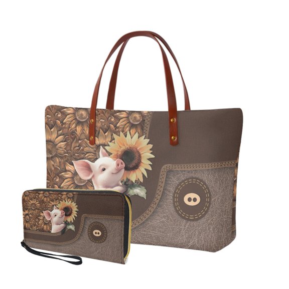 ZUXONGSY Leather Pig Sunflower Print Top Handle Bag with Purses Set for Women Multifunctional Handbags Top Handle Satchel Tote Bag with Matching Wallet for Business Travel