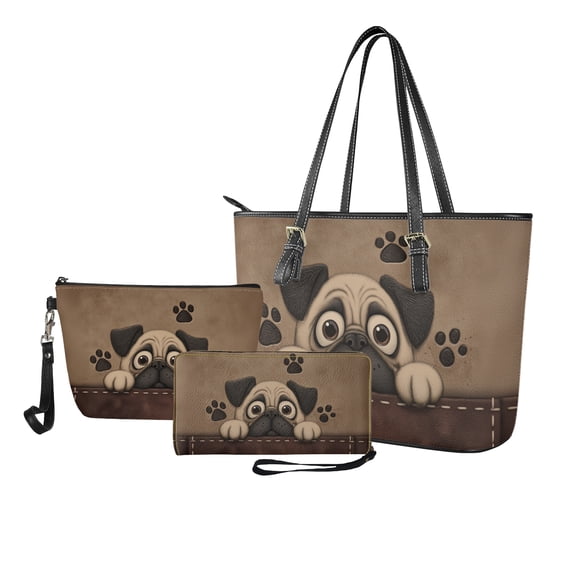 ZUXONGSY Leather Pug Paw Print Handbag with Waterproof Cosmetic Bags Wallet for Women PU Leather Top Handle Satchel Set with Portable Makeup Pouch Money Organizers for Shopping Work