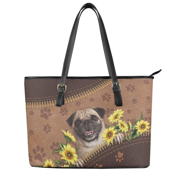 ZUXONGSY Leather Pug Sunflower Print Handbag for Women Trendy Laptop Tote Bag Waterproof Travel Purse with Zip Compartments for Dating Shopping